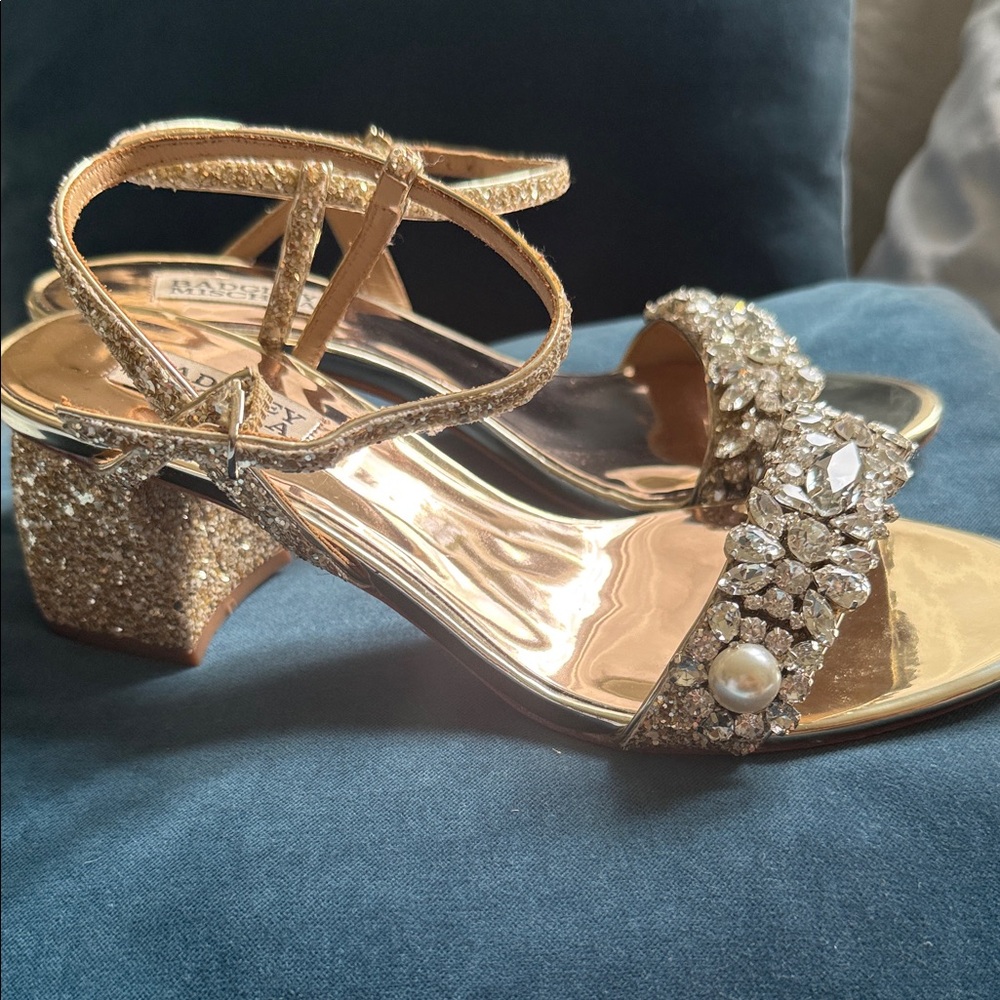 Badgley Mischka Gold Jeweled Pearl Block Heel Sandals